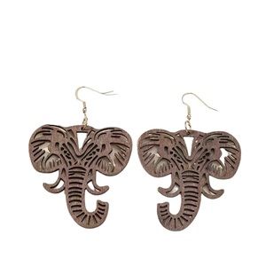 Boho Brown Cut Wood Elephant Design Drop Earrings